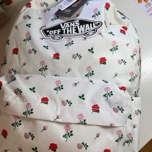 Vans White Backpack with Red and Pink Floral Pattern